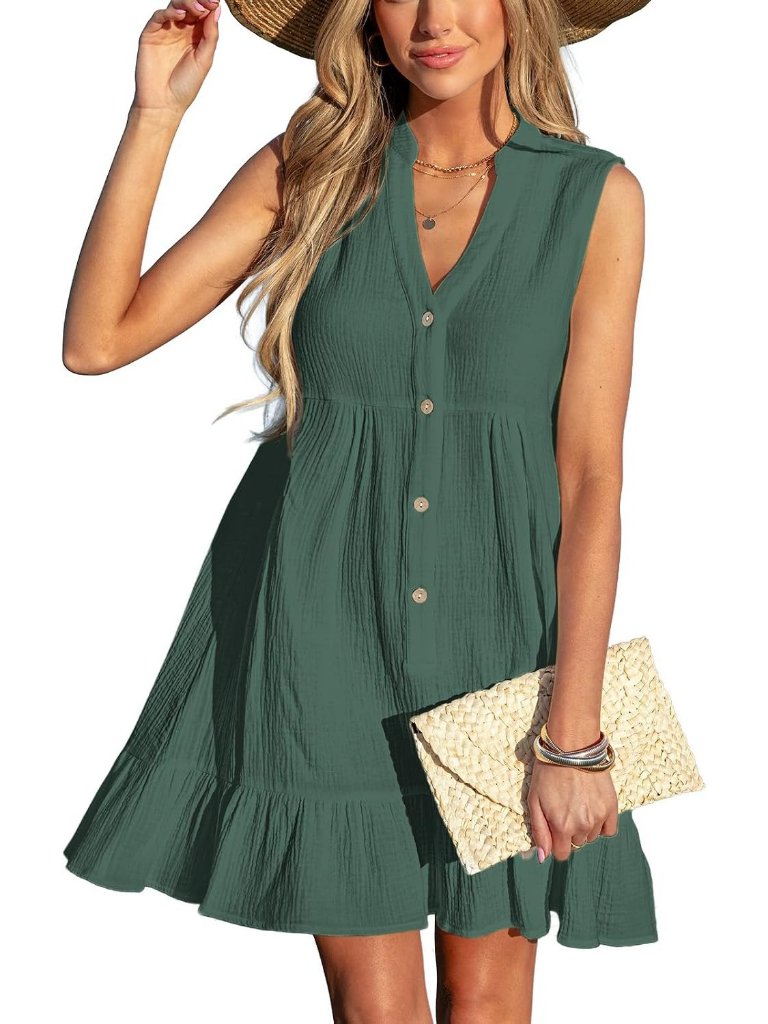 Womens Green Cotton Swimsuit Coverup Beach Cover Up Button Down Dress Ruffle Hem
